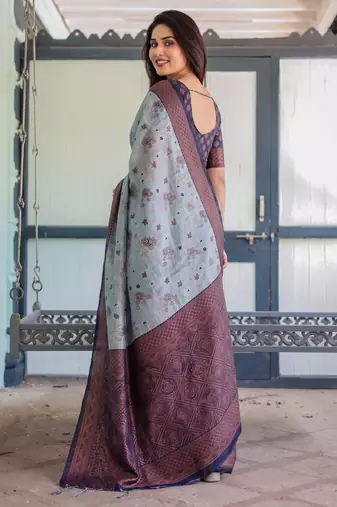 Grey navy blue silk blend banarasi saree with unstitched blouse piece
