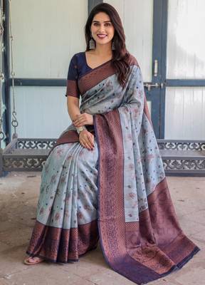 Grey navy blue silk blend banarasi saree with unstitched blouse piece 5