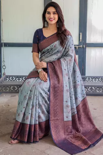 Grey navy blue silk blend banarasi saree with unstitched blouse piece