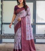 Lavender wine silk blend banarasi saree with unstitched blouse piece