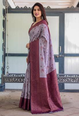 Lavender wine silk blend banarasi saree with unstitched blouse piece 2