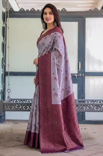 Lavender wine silk blend banarasi saree with unstitched blouse piece