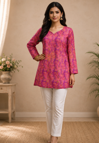 PINK  REYON WITH DIGITAL PRINTED STYLISH WEAR KURTI 