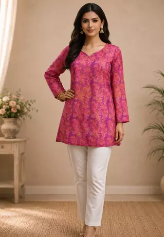 PINK  REYON WITH DIGITAL PRINTED STYLISH WEAR KURTI 