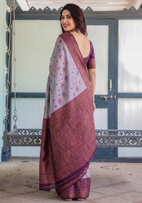 Lavender wine silk blend banarasi saree with unstitched blouse piece 3