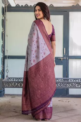 Lavender wine silk blend banarasi saree with unstitched blouse piece