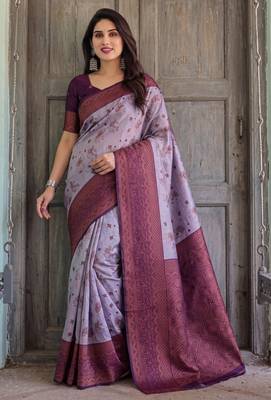 Lavender wine silk blend banarasi saree with unstitched blouse piece 4
