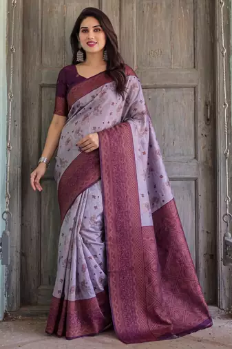 Lavender wine silk blend banarasi saree with unstitched blouse piece