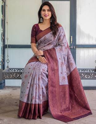 Lavender wine silk blend banarasi saree with unstitched blouse piece 5