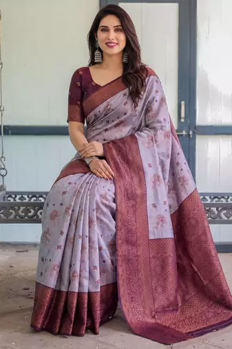 Lavender wine silk blend banarasi saree with unstitched blouse piece