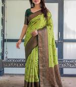 Lemon green silk blend banarasi saree with unstitched blouse piece