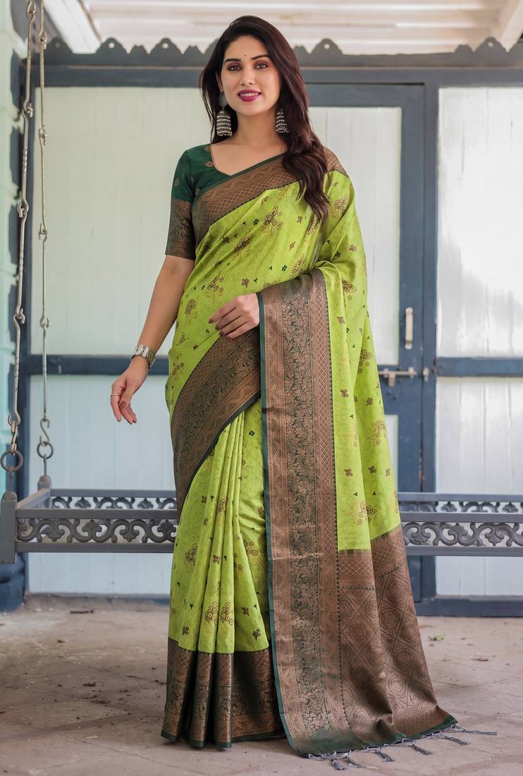 Lemon green soft silk blend banarasi jacuard work designer party wear saree with unstitched blouse piece