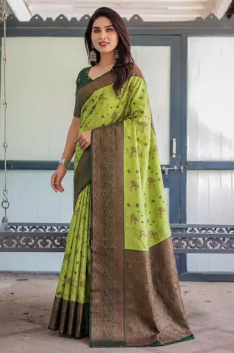 Lemon green silk blend banarasi saree with unstitched blouse piece