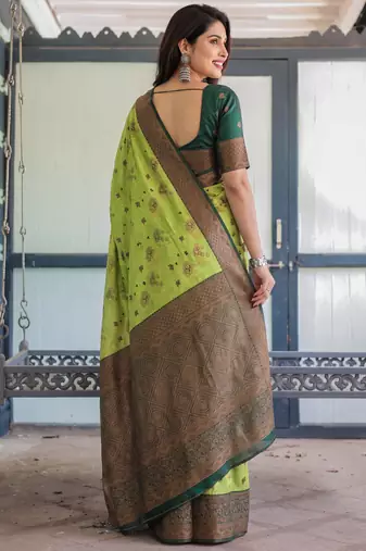 Lemon green silk blend banarasi saree with unstitched blouse piece