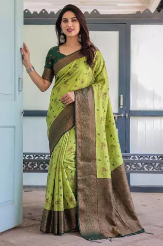 Lemon green silk blend banarasi saree with unstitched blouse piece