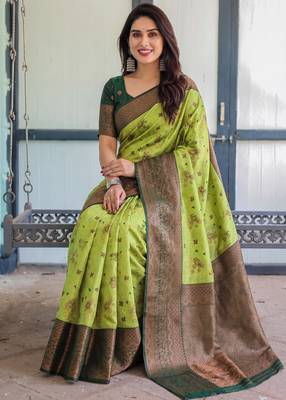 Lemon green silk blend banarasi saree with unstitched blouse piece 5