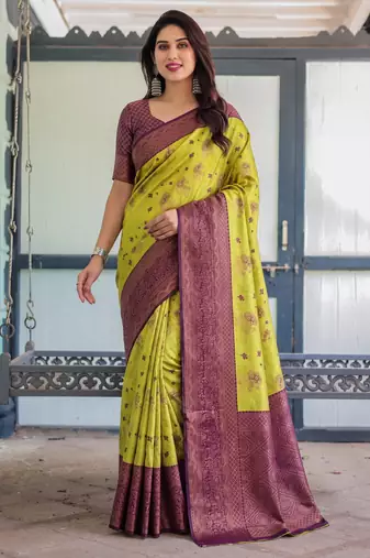 Lemon wine silk blend banarasi saree with unstitched blouse piece