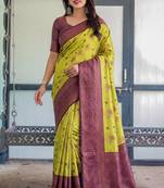 Lemon wine silk blend banarasi saree with unstitched blouse piece