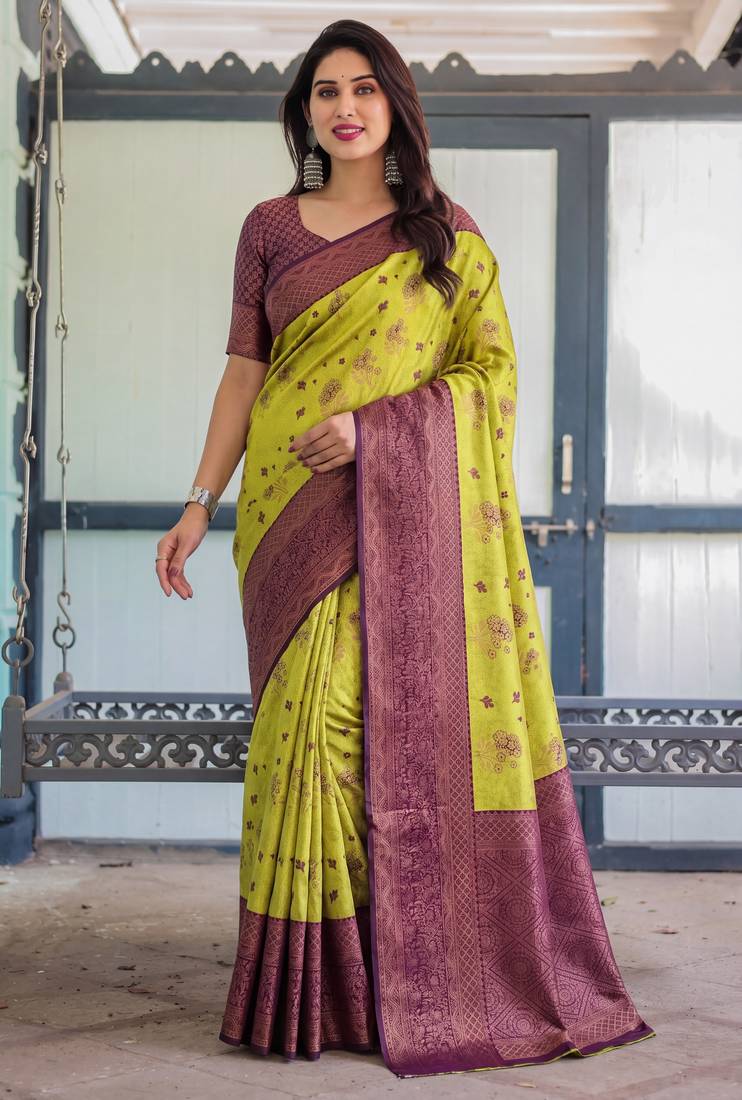Lemon wine soft silk blend banarasi jacuard work designer party wear saree with unstitched blouse piece
