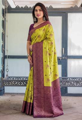 Lemon wine silk blend banarasi saree with unstitched blouse piece 2