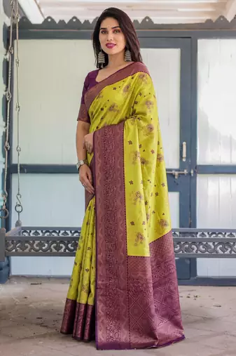 Lemon wine silk blend banarasi saree with unstitched blouse piece
