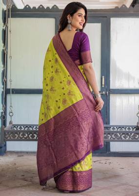 Lemon wine silk blend banarasi saree with unstitched blouse piece 3
