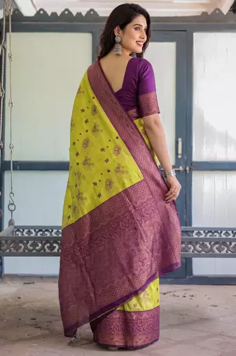 Lemon wine silk blend banarasi saree with unstitched blouse piece