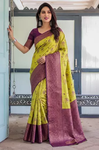 Lemon wine silk blend banarasi saree with unstitched blouse piece
