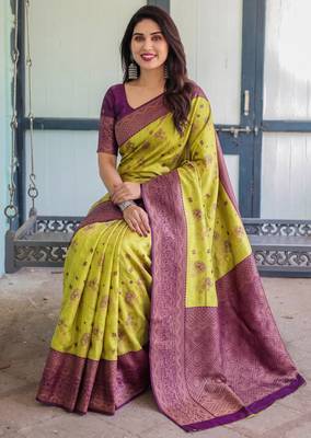 Lemon wine silk blend banarasi saree with unstitched blouse piece 5