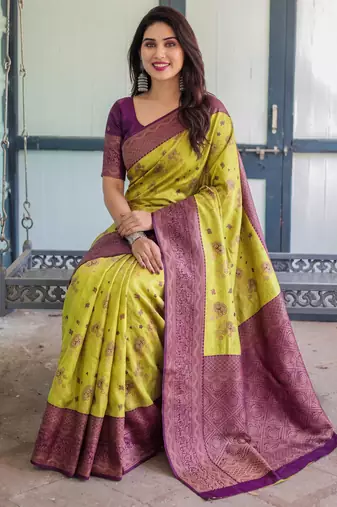 Lemon wine silk blend banarasi saree with unstitched blouse piece