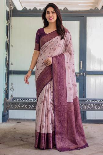 Peach wine silk blend banarasi saree with unstitched blouse piece