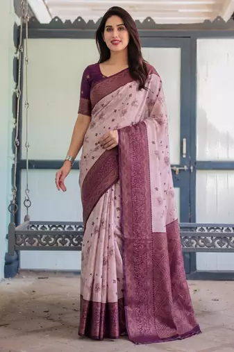 Peach wine silk blend banarasi saree with unstitched blouse piece