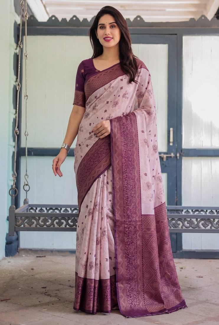 Peach wine soft silk blend banarasi jacuard work designer party wear saree with unstitched blouse piece