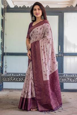 Peach wine silk blend banarasi saree with unstitched blouse piece 2