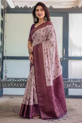 Peach wine silk blend banarasi saree with unstitched blouse piece