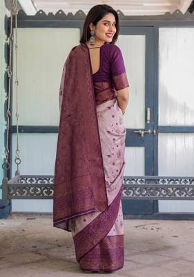 Peach wine silk blend banarasi saree with unstitched blouse piece 3