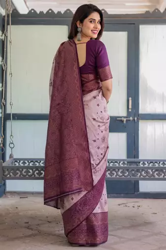 Peach wine silk blend banarasi saree with unstitched blouse piece