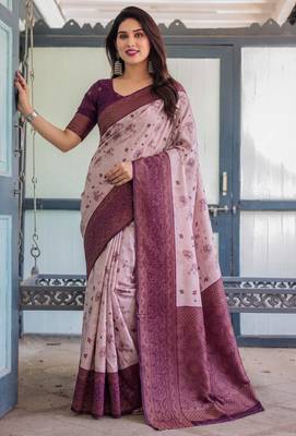 Peach wine silk blend banarasi saree with unstitched blouse piece 4