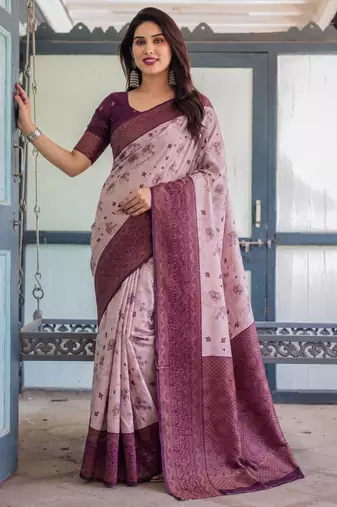 Peach wine silk blend banarasi saree with unstitched blouse piece