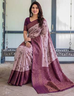 Peach wine silk blend banarasi saree with unstitched blouse piece 5