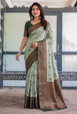 Pista green silk blend banarasi saree with unstitched blouse piece 1