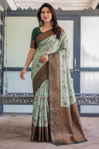 Pista green silk blend banarasi saree with unstitched blouse piece