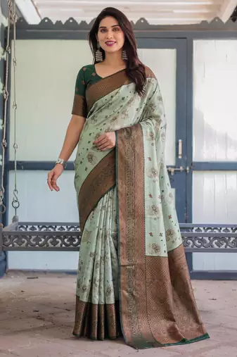 Pista green silk blend banarasi saree with unstitched blouse piece