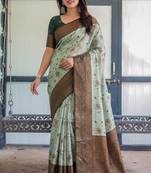 Pista green silk blend banarasi saree with unstitched blouse piece