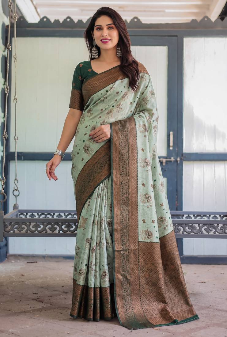 Pista green soft silk blend banarasi jacuard work designer party wear saree with unstitched blouse piece