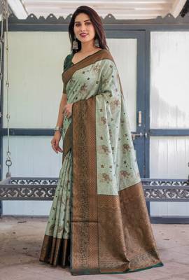 Pista green silk blend banarasi saree with unstitched blouse piece 2
