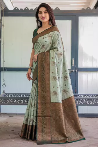 Pista green silk blend banarasi saree with unstitched blouse piece