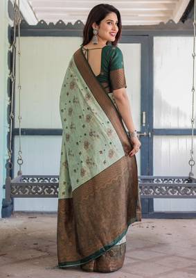 Pista green silk blend banarasi saree with unstitched blouse piece 3
