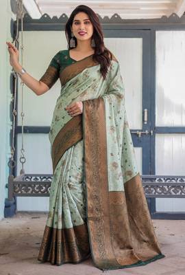 Pista green silk blend banarasi saree with unstitched blouse piece 4