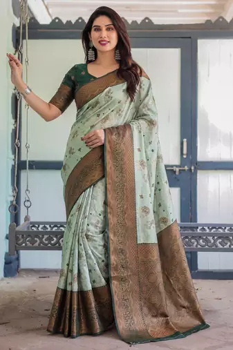 Pista green silk blend banarasi saree with unstitched blouse piece